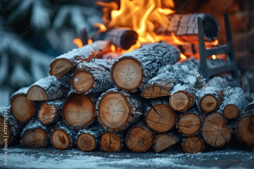 A serene winter scene featuring a pile of logs dusted with snow in the foreground, and warm fire glowing behind