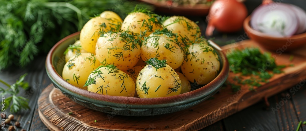 Several young boiled potatoes topped with dill on a plate, along with parsley and onions on a wooden board.