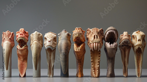 Evolution of teeth through different species From the sharp fangs of prehistoric predators to the different teeth of humans. Smiling mouth with different types of teeth