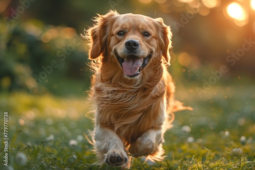 A heartwarming image of a happy golden retriever running towards the camera in a sunlit field
