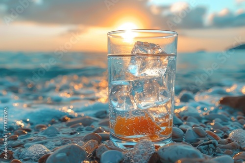 A refreshing glass of water stands on a pebble beach, with ice cubes and the glowing sunset over the ocean in the background