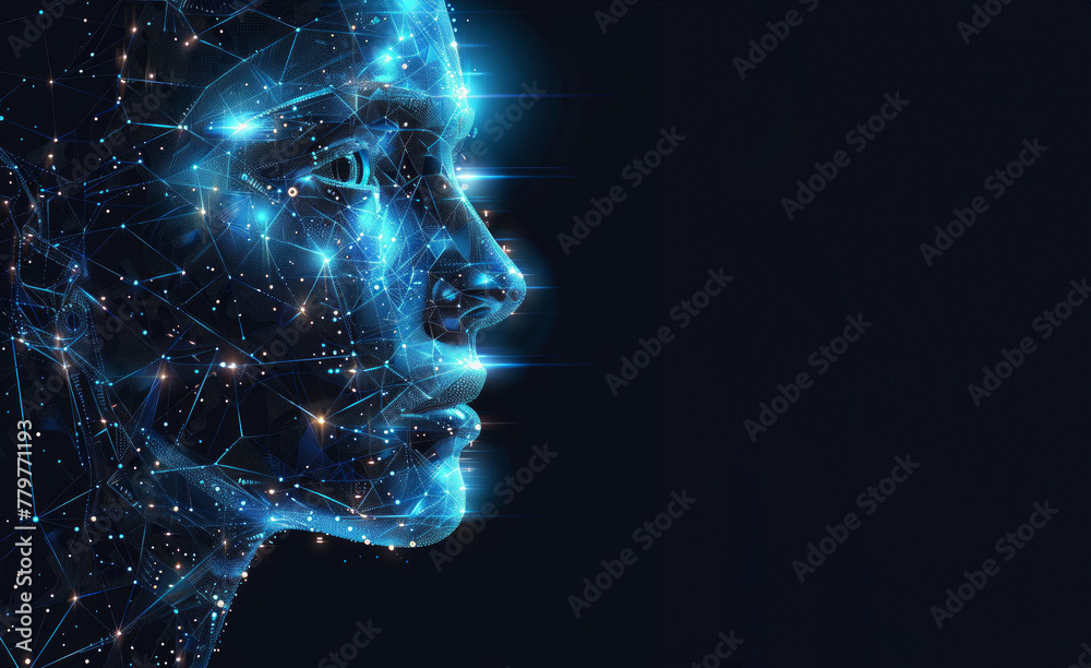 Rete 3d che forma un volto umano in un poster digitale ad alta fedeltà, che rappresenta una tecnologia ai avanzata, sfondo nero Rete 3d che forma un volto umano in un poster digitale ad alta fedeltà, che rappresenta una tecnologia ai avanzata, sfondo nero