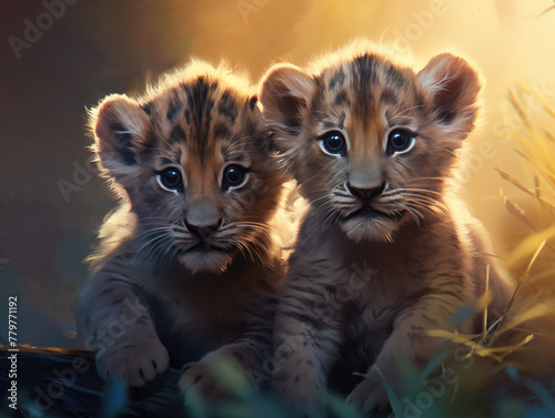 Two lion cubs. Digital art.