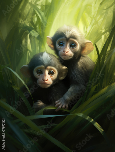 Two little monkeys sitting in the grass.. Digital art.