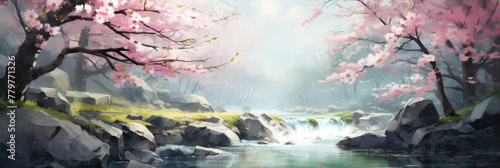 Garden with blooming sakura. Panoramic view. Digital art.