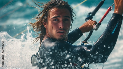 close sport photo of a 25-year-old kitesurfer with medium length, dark hair, riding on large ocean waves