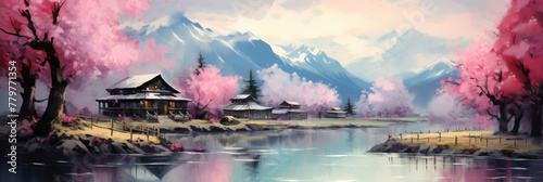 Garden with blooming sakura. Panoramic view. Digital art.