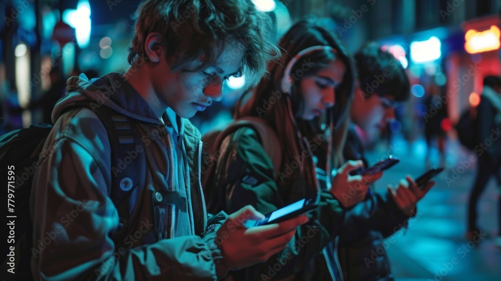 Teenagers Absorbed in Smartphones, Disconnected from Surroundings
