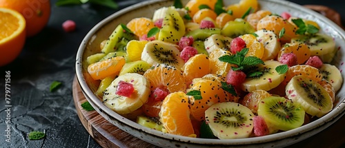 In the bowl is fruit salad with kiwi, banana, orange, and mint, and the wooden board is covered with an openwork napkin. photo