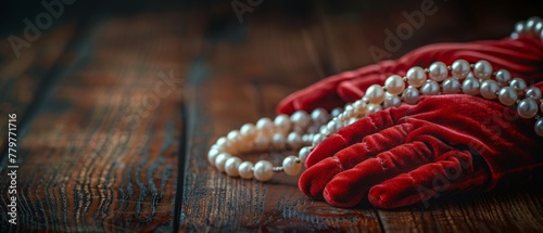 Retro women's accessories on wooden table, including velvet gloves and pearl necklaces photo