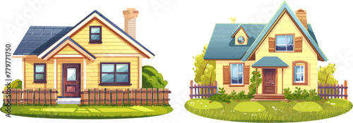  Vector home front side illustration. Real estate or private house with fence