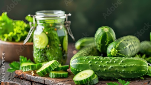Seasonal homemade products. Canned cucumbers in a jar on a wooden table. A symphony of flavors and colors, these homemade canned cucumbers bring the taste of summer to your pantry.
