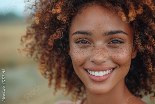 Close-up of a cheerful young woman with curly hair and freckles smiling brightly at the camera