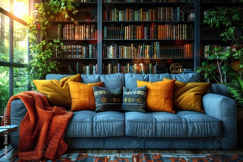 Reading book in a cozy atmosphere in a rustic house. A cozy nook, adorned with plump cushions and a well-loved book, beckoning for a leisurely afternoon of reading. photo