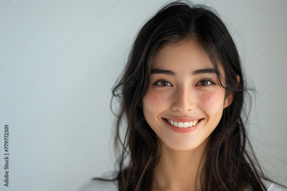 Close up photo portrait of smiling beautiful Japanese woman with long dark hair isolated on white background Close up photo portrait of smiling beautiful Japanese woman with long dark hair isolated on white background