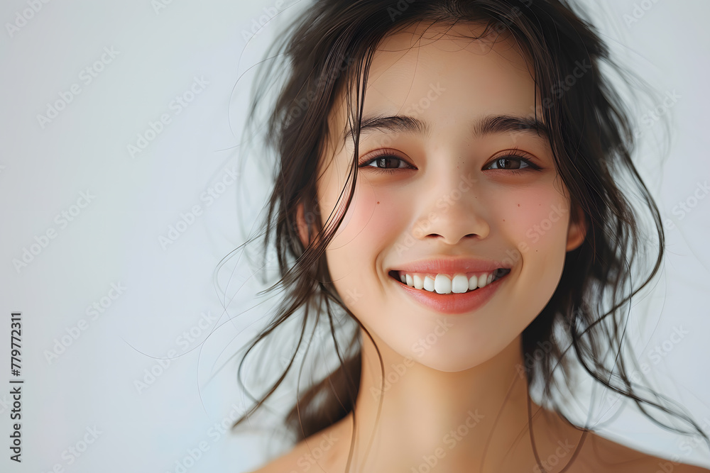 Close up photo portrait of smiling beautiful Japanese woman with long dark hair  isolated on white background