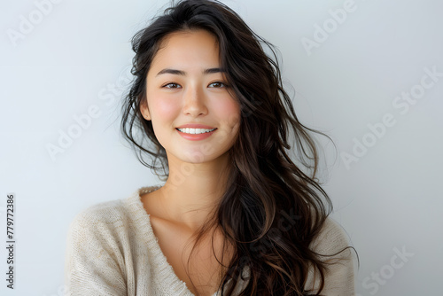 Close up photo portrait of smiling beautiful Japanese woman with long dark hair isolated on white background