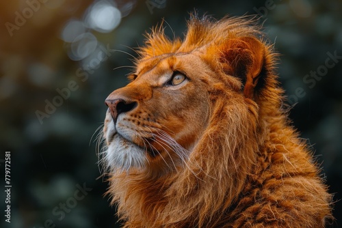 The close-up shot captures the majestic essence of a lion with its vibrant mane and intense expression against a soft blurred background