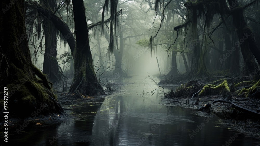 A swamp enveloped in fog with water and trees in the background
