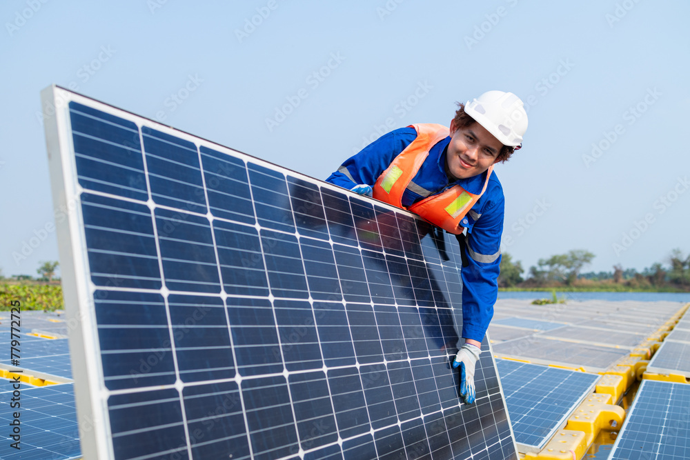 Technician Adjusting Solar Panel at Installation Site