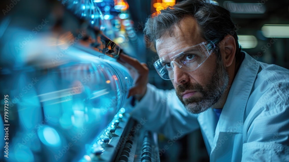A dedicated scientist in a lab coat and protective eyewear is focused on examining equipment in a high-tech laboratory. Generative AI A dedicated scientist in a lab coat and protective eyewear is focused on examining equipment in a high-tech laboratory. Generative AI
