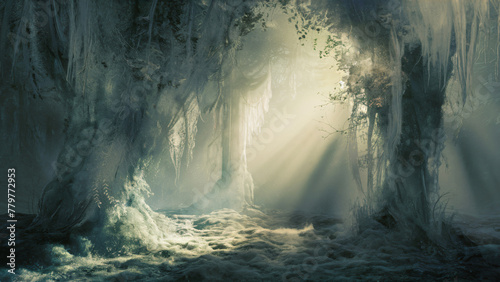 Ethereal nature, aethereal mystic jungle, fog, forest, abstract, surreal, background