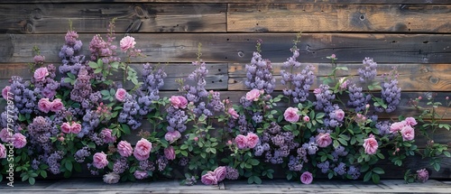 An image of lilac flowers with wild roses on a shabby wooden plank background.