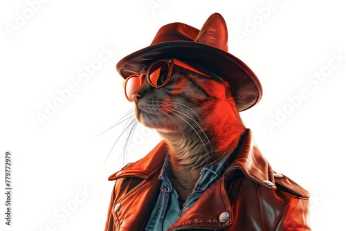 cool cat wearing a leather jacket, black shades and a fedora on white background