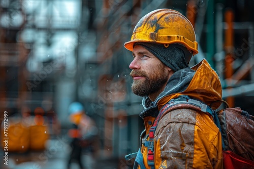 A focused construction worker wearing a dirty orange helmet and raincoat in an industrial setting with falling snow