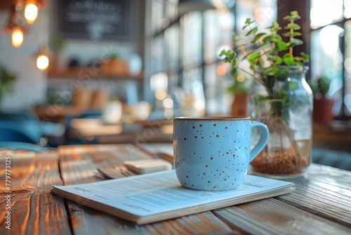 Warm, inviting photo of a speckled coffee mug on an open book in a stylish café setting photo