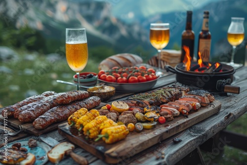 Luscious spread of grilled delicacies and beer on a picnic table amidst nature