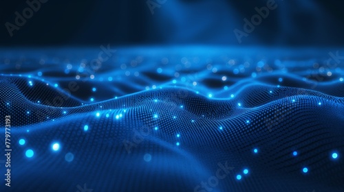 Blue digital background with a network of dots and lines forming an abstract geometric pattern, representing technology or data connection.
