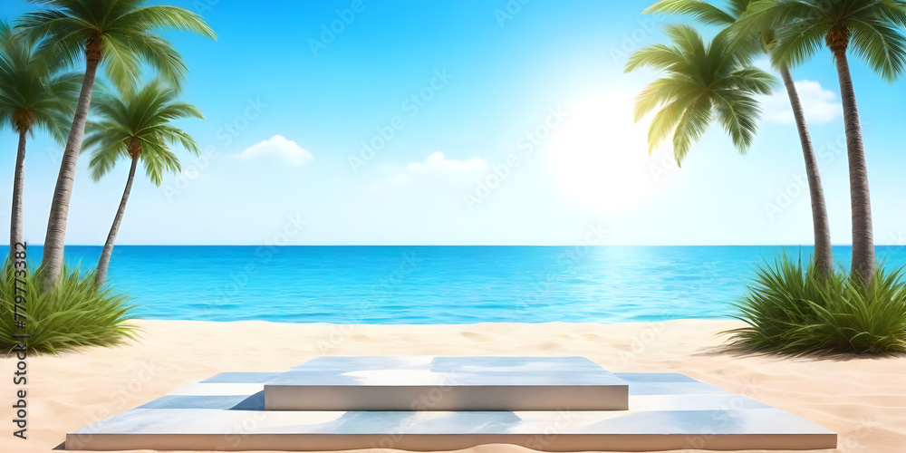 A sandy podium. Palm trees line the sandy beach as waves crash on the shore of the ocean in this tropical scene. Product background