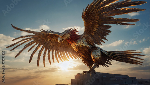 In the center of a vast open sky, a heavenly steampunk phoenix rises, its mechanical wings gleaming in the sunlight.