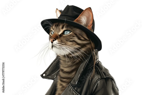 cool cat wearing a leather jacket and a fedora on a white background