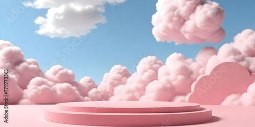 A pink podium. A pink and white cloud hovers in the sky, showcasing its delicate colors and fluffy texture