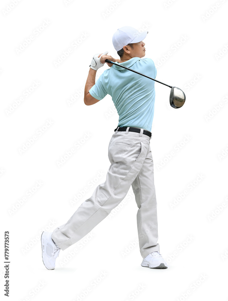 Golfer hit sweeping driver after hitting golf ball isolated on white background. Clipping path. - obrazy, fototapety, plakaty 