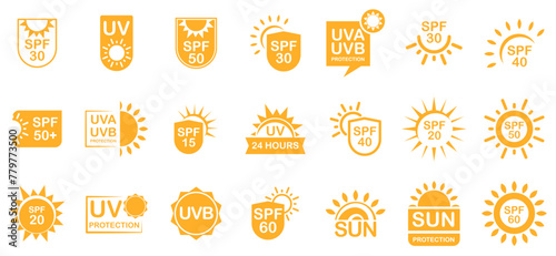Sunscreen logo set. Spf icon set. spf isolated logo collection