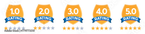 Feedback or rating. Set of rating stars badges with ribbon in a flat style