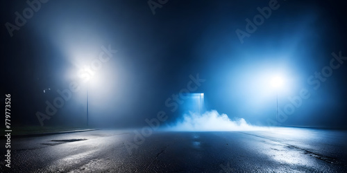 A foggy night on a street illuminated by street lights  creating a mysterious atmosphere