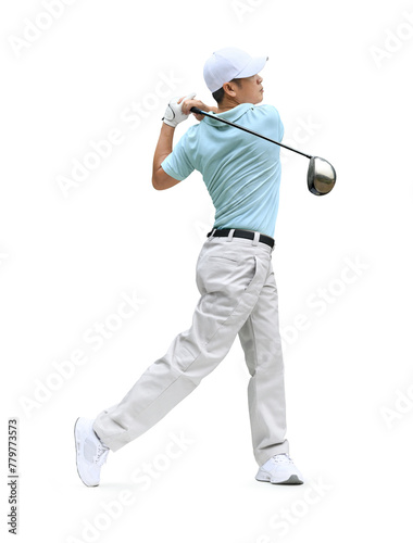 Golfer hit sweeping driver after hitting golf ball isolated on white background. Clipping path.