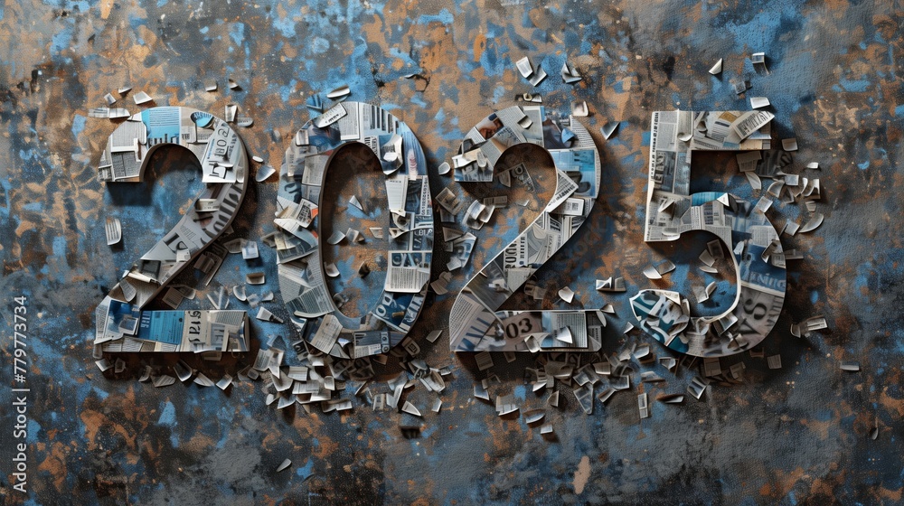 '2025' with newspaper cut-outs on rusty background