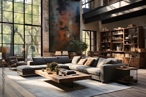 A modern, spacious living room with high ceilings, large windows, and a mix of wooden and contemporary furniture