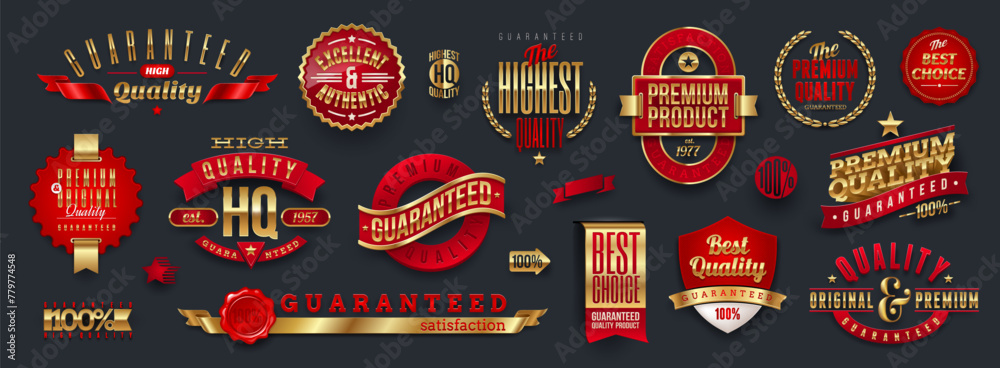 Set of golden quality and guaranteed signs, emblems and labels. Vector illustration. Set of golden quality and guaranteed signs, emblems and labels. Vector illustration.