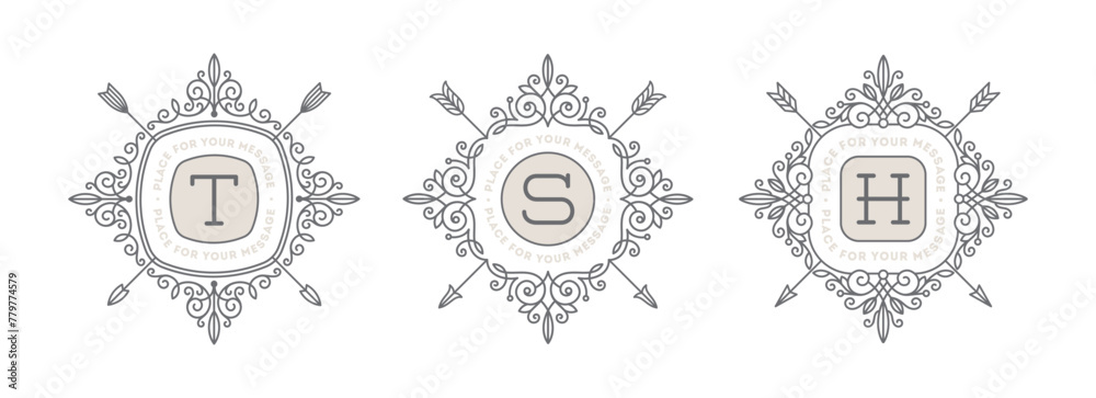 Set of flourishes calligraphic elegant ornamental emblems with arrows. Vector illustration. Elements for logo or identity design. Set of flourishes calligraphic elegant ornamental emblems with arrows. Vector illustration. Elements for logo or identity design.
