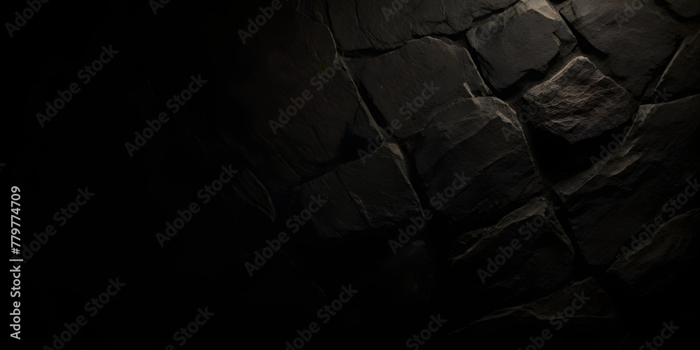 A stone wall stands starkly against a black background, showcasing its rugged texture and solidity