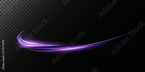 Abstract light lines of movement and speed with purple color sparkles. Light everyday glowing effect. semicircular wave, light trail curve swirl, car headlights, incandescent optical fiber.	
