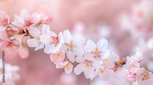 A close up of a branch with pink flowers