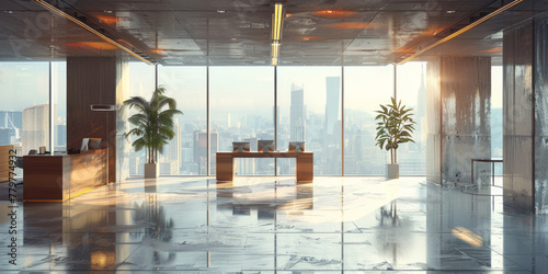 veduta panoramica dell'interno di un ufficio open space in un grattacielo, sfondo di palazzi che si vedono tramite le finestre photo