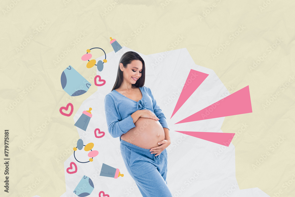 Fototapeta premium Creative abstract template collage of charming girl hug belly pregnant mother day love celebration concept unusual fantasy billboard comics